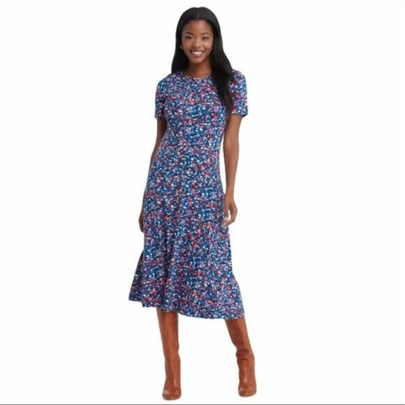 Draper James Dresses & Skirts - Draper James Midi Dress S Blue Multicolor Stretch Knit A-Line Short Sleeve Midi